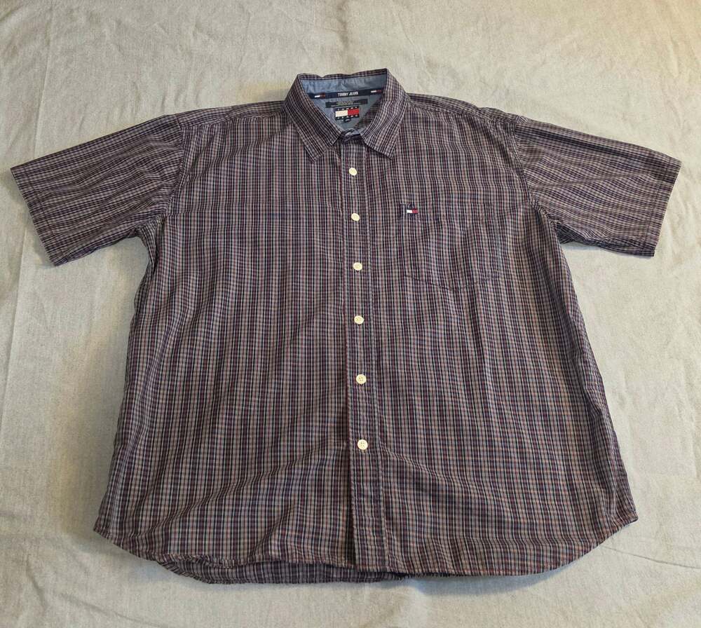 Vintage Tommy Jeans Plaid Short Sleeve Button Shirt Mens XL Flag Logo Navy Red